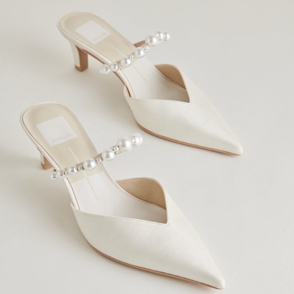 Wedding shoes. Dole Vita White point toe Heeled Mules with Pearls. Low heel